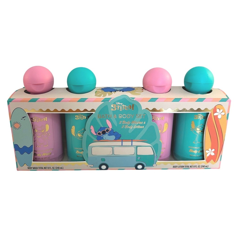 Disney Kid's Pink Blue Lilo Stitch Watermelon Coconut Bath Body Set 4pc New!